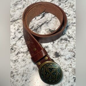 Vintage Lucky Brand Brown Leather Belt with Brass Buckle 34”
